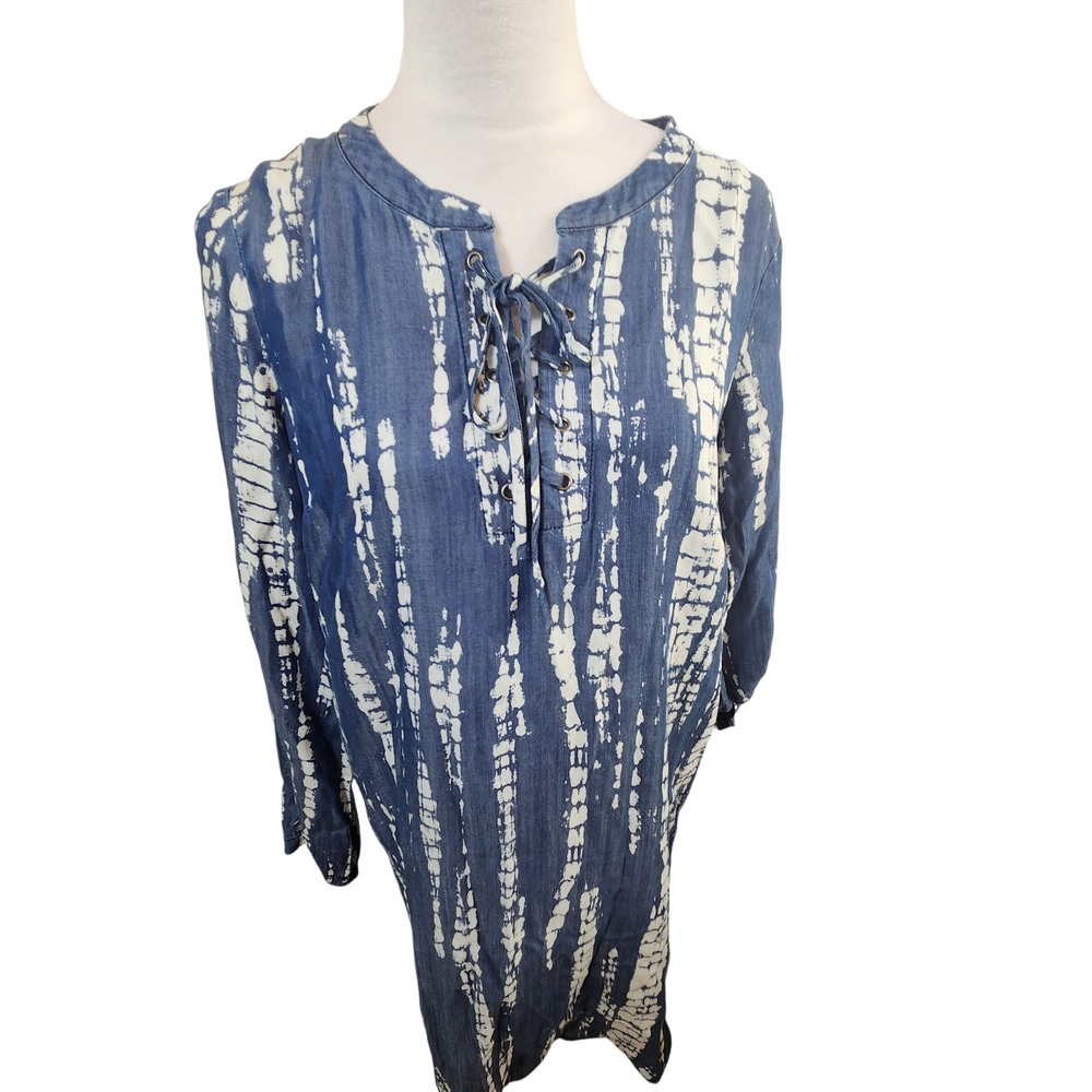 a.n.a A New Approach Blue Tie Dye Lace Up V-Neck Boho Tunic Dress Womens Medium